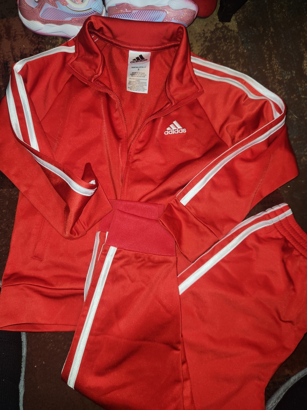 adidas Red Kids 2-Piece Track Jacket and Pants Set with White Stripes
